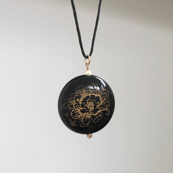 Black Agate Stone Pendant with Peony Flower