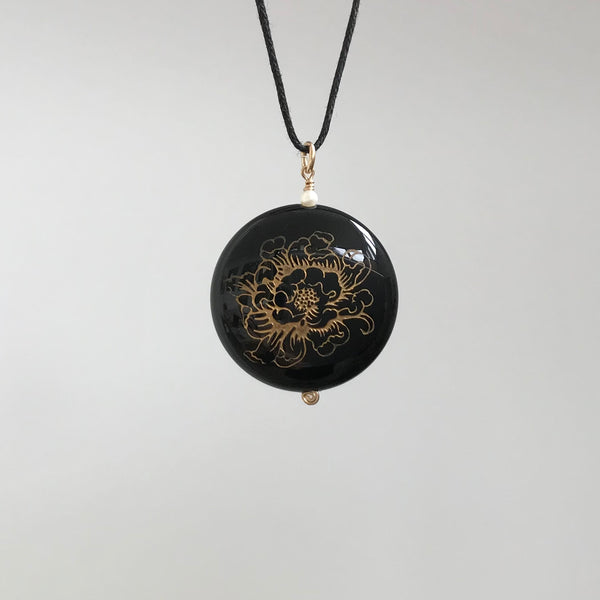 Black Agate Stone Pendant with Peony Flower